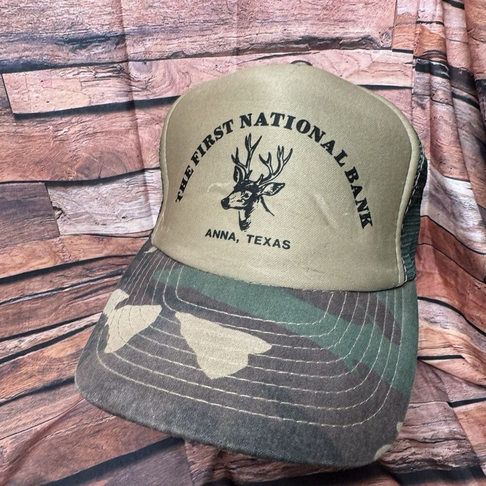 Vintage First National Bank Anna Texas Trucker Hat Camo Deer Buck Speedway Cap